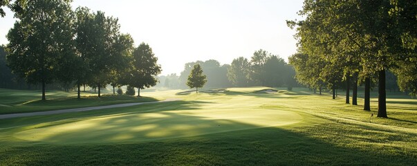 Obraz premium A serene golf course at dawn, surrounded by lush trees and soft sunlight illuminating the manicured greens and fairways.