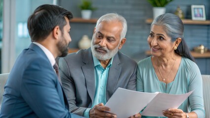 Indian financial advisor explaining retirement paperwork to a couple in their living room.
