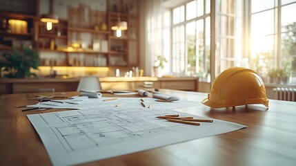 A neatly arranged workspace with blueprints spread across a large table, pencils scattered, and a hard hat resting nearby. The scene is softly lit,