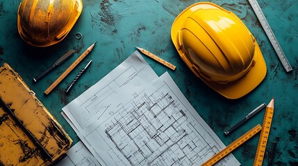 A neatly arranged flat lay of architectural plans with pencils, rulers, and a bright yellow hard hat, symbolizing the development of a building strategy.