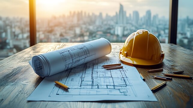 A neatly rolled blueprint with pencils scattered around and a hard hat staged beside it, set against a minimalist architectural workspace.