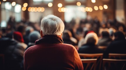 The back view of an elderly woman attending a warmly lit community meeting, surrounded by blurred attendees in a cozy setting.