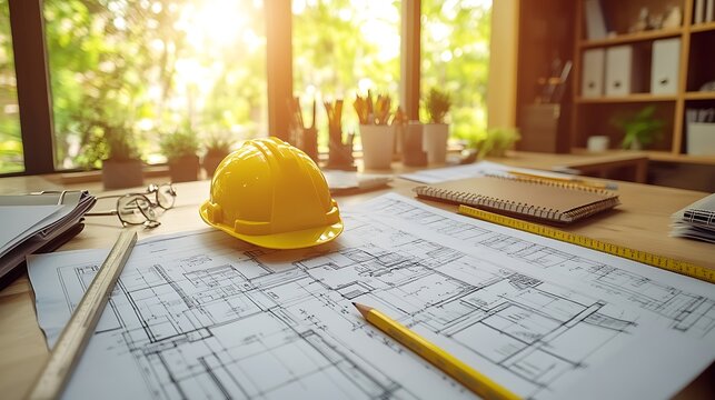 A professional workspace featuring blueprints, rulers, and pencils scattered around, with a yellow hard hat symbolizing the project planning process.
