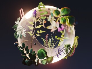 A circular arrangement of vibrant plants and flowers illuminated beautifully against a dark background, showcasing nature's elegance.