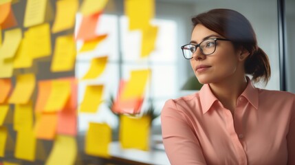 A thoughtful professional woman in glasses, brainstorming ideas surrounded by colorful sticky notes on a glass wall, looking inspired and focused.