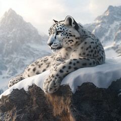 Obraz premium A snow leopard resting on a snowy cliff, mountains in the background, cold winter atmosphere with soft sunlight, detailed focus on the leopard's fur and the snow, calm and majestic mood
