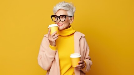 Senior woman in bright yellow attire and black glasses, holding a coffee cup, gently smiling against a vibrant yellow background.