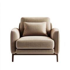 Fototapeta premium A comfortable beige fabric armchair with a plush matching cushion. Features a modern, clean design with soft armrests and cushioned seating.