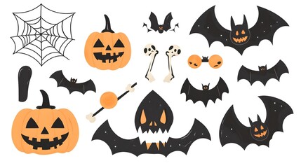 Fototapeta premium Vector Halloween Elements Including Bats, Spider Webs, Pumpkins, and Bones in a Flat Style with Simple Design Isolated on White Background. Perfect for Seasonal Decor and Festive Celebrations