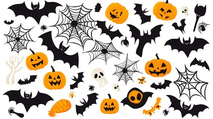 Obraz premium Vector Halloween Elements Including Bats, Spider Webs, Pumpkins, and Bones in a Flat Style with Simple Design Isolated on White Background. Perfect for Seasonal Decor and Festive Celebrations