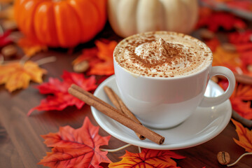Cozy Autumn Scene with Pumpkin Spice Latte and Fall Leaves