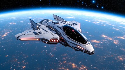 Futuristic Spaceship Orbiting Earth in Deep Space – Sci-Fi Starship with Advanced Technology and Neon Lights, Exploring the Universe and Galaxy