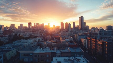 Obraz premium A breathtaking skyline shot taken from a rooftop, showcasing a lively urban scene below during golden hour.