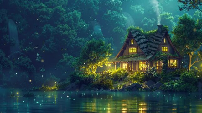 Enchanting fantasy house nestled in a forest, illuminated by moonlight, creating a magical atmosphere at night
 Seamless looping 4k time-lapse virtual video animation Generated AI