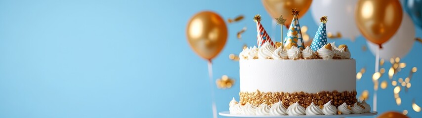 Colorful Party Cake with Balloons and Decorations
