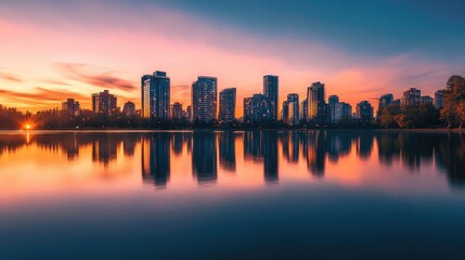 A city skyline reflecting on a tranquil lake during sunset, creating a peaceful and harmonious scene.