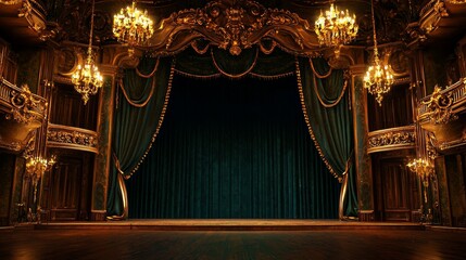A Victorian-style stage with richly detailed woodwork and ambient chandelier lighting, The curtains are dark emerald green with gold accents