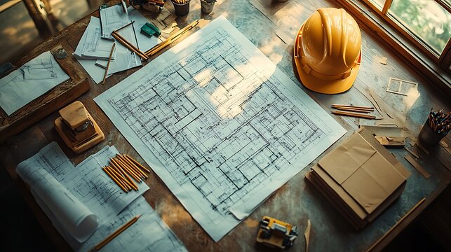 A top-down view of a creative workspace with blueprints in disarray, pencils scattered across the desk, and a hard hat placed beside it.