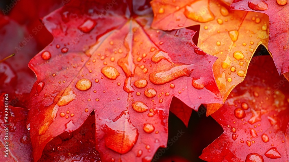 Sticker Red and orange leaves with water drops.