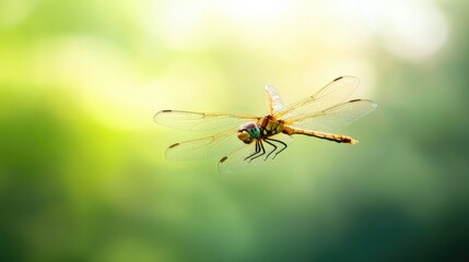 A close-up of a dragonfly hovering in mid-air against a blurred green background, capturing the essence of flying