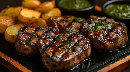A selection of grilled lamb chops served with mint sauce and roasted potatoes, grilled lamb chops, gourmet barbecue