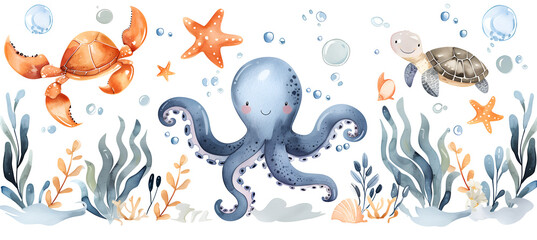 fishes in the sea on white, watercolor style