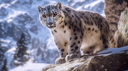 Obraz premium Close-up of a snow leopard standing on a rocky mountain ledge, snow-covered landscape in the background, bright sunlight highlighting the leopard's fur, sharp and majestic atmosphere