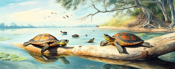 River habitat teeming with life, turtles basking on logs, fish swimming, birds nesting in nearby trees, an ecosystem in harmony