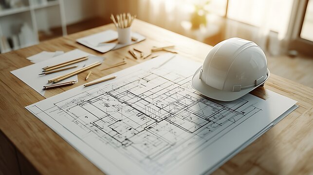 A top-down view of a modern architect's desk featuring a detailed blueprint, scattered pencils, and a white hard hat resting on the side.