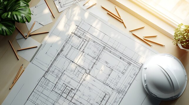 A top-down view of a modern architect's desk featuring a detailed blueprint, scattered pencils, and a white hard hat resting on the side.