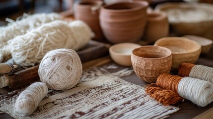 A close-up of materials used in traditional crafts, such as clay, wood, and natural fibers, celebrating heritage.