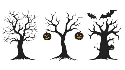 Simplistic Halloween Designs Featuring Black Bats, Spooky Trees, and Glowing Pumpkins in a Vector Style Against a Clear White Background. Ideal for Festive Decorations and Halloween Themes