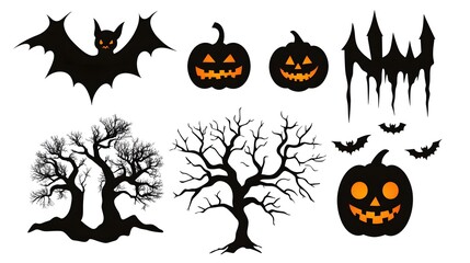 Simplistic Halloween Designs Featuring Black Bats, Spooky Trees, and Glowing Pumpkins in a Vector Style Against a Clear White Background. Ideal for Festive Decorations and Halloween Themes