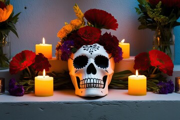 D�a de los Muertos Memorial Altar Featuring Skull Fragrant Flowers and Bright Candles