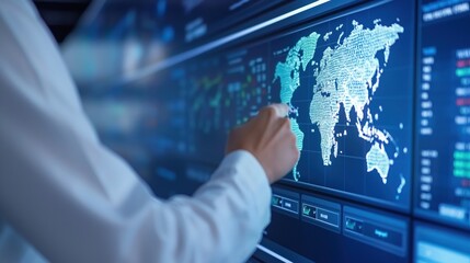 A professional analyzes global data on a digital map interface, showcasing technology and connectivity in modern business.