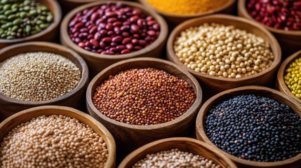 A colorful display of grains, legumes, and seeds in wooden bowls, showcasing healthy food options.