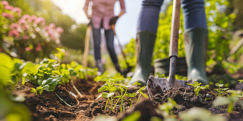 A close-up view of a garden scene with a shovel in the foreground, surrounded by young green plants. In the background, a person is gardening, wearing rubber boots and working with a hoe.