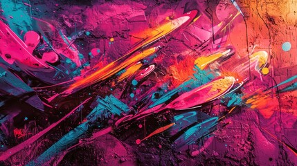 Energetic graffiti wall with layers of abstract street art, bold splashes of neon colors