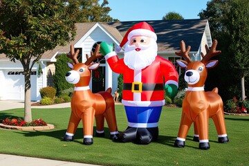 Colorful Inflatable Santa and Reindeer Yard Scene for Festive Holiday Decor