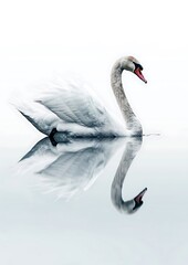 Fototapeta premium A beautiful swan gliding gracefully on a reflective surface with a pristine white background accentuating its elegant form and pure white feathers
