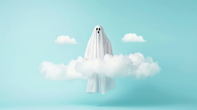 A person in a white ghost costume floating on a cloud with a pale blue background. Halloween, fantasy, and spooky fun concepts.