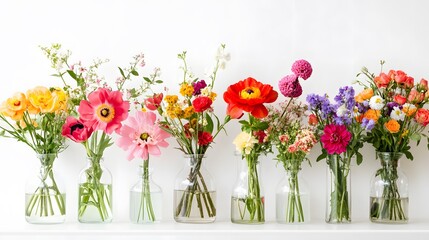 Bright floral arrangements in glass vases on a white backdrop