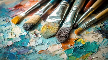 Obraz premium A detailed view of artist brushes and paint materials, highlighting creativity in painting.