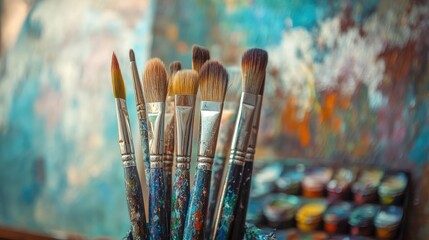 Fototapeta premium A detailed view of artist brushes and paint materials, highlighting creativity in painting.