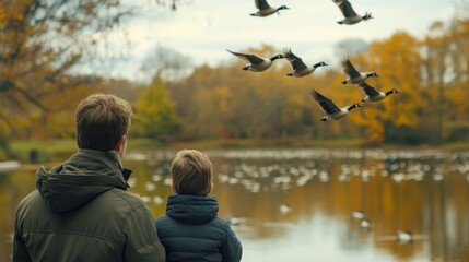 A family watching a flock of geese flying in formation across a serene lake, connecting nature and flying.