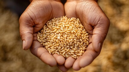 A farmer's hands showing grains of rice harvested from the field, symbolizing hard work and tradition.