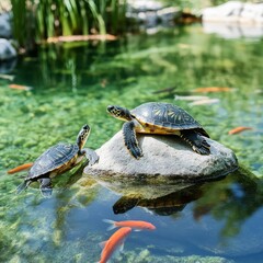 Obraz premium Turtles basking on a rock in a clear river, surrounded by water plants, fish swimming below, a harmonious river habitat