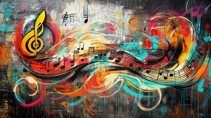 Graffiti wall with abstract musical notes and instruments, swirling lines