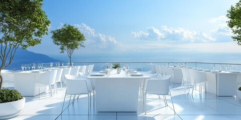 Obraz premium luxury large hotel restaurant rooftop with elegant white table and chairs set and beautiful natural view 