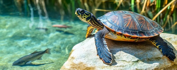 Turtles sunbathing on a rock in a crystal-clear river, surrounded by reeds, fish swimming, a serene and natural habitat